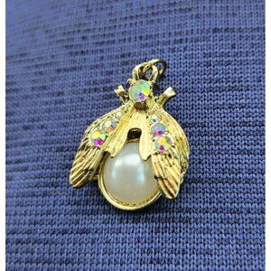 Vintage Gold Tone Bumblebee LadyBug Insect Iridescent Rhinestones Pendant Charm